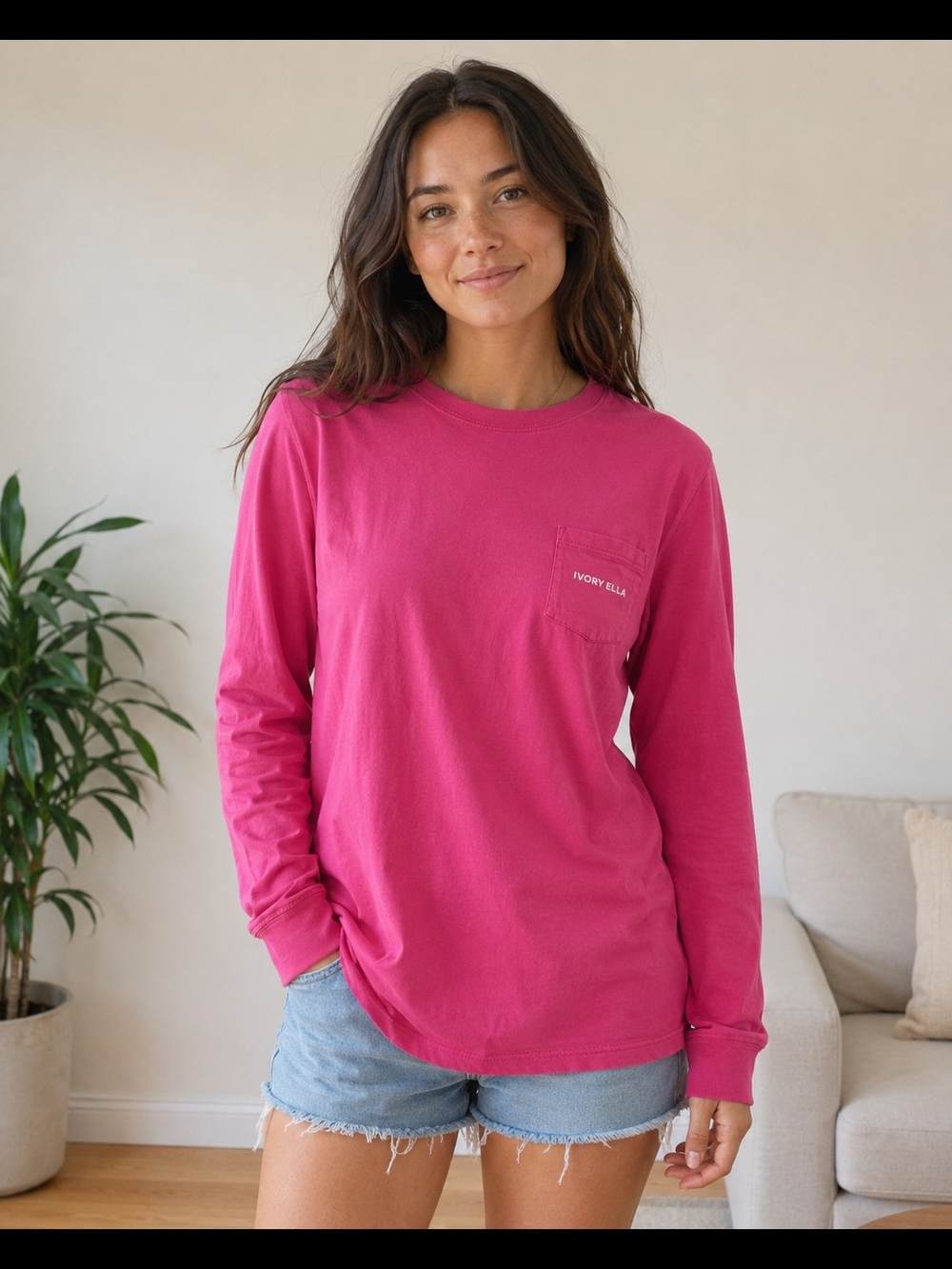 Ivory Ella Long Sleeve Pocket Tee - Bright Pink